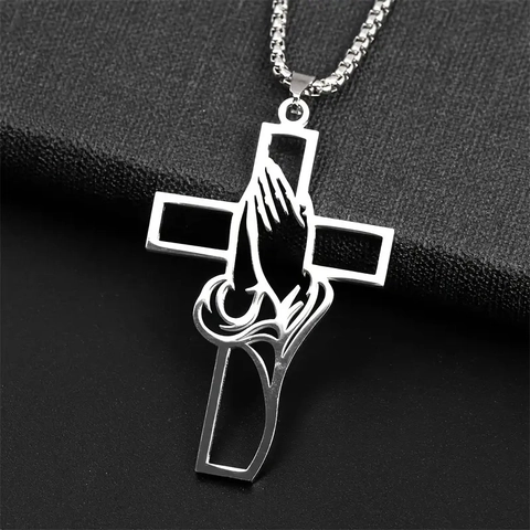 Collar Con Colgante de Cruz de Manos en Oración de Acero Inoxidable para Hombre Joyería Religiosa Plata Cadena de Caja