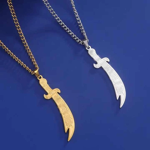 Collana con Pendente a Spada Scimitarra Zulfiqar in Acciaio Inossidabile Gioielli Amuleto Imam Ali Incisi Vintage per Uomo Donna