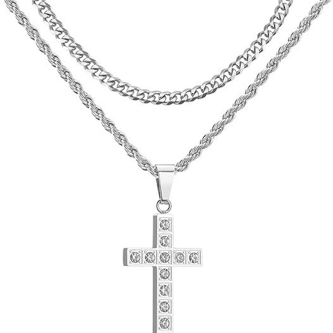 Collana Con Ciondolo a Croce a Doppio Strato in Acciaio Inossidabile Con Strass Hip Hop Gioielli di Moda Per Tutti