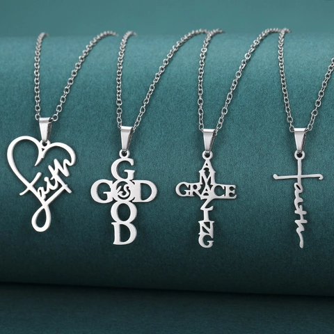 Roestvrij Stalen Kruis Hanger Ketting Voor Unisex Zilver Geloof Hart Letter Hanger Religieuze Dagelijkse Mode Sieraden Cadeau