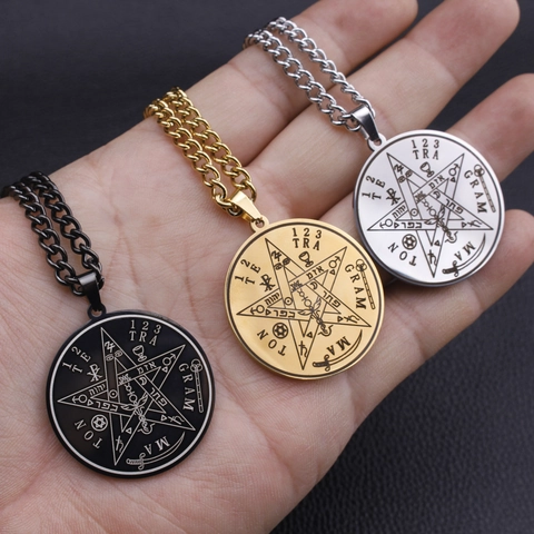 Stainless Steel Solomon Seal Pentagram Pendant Necklace Tetragrammaton Kabbalah Amulet Round Religious Jewelry For Men Women