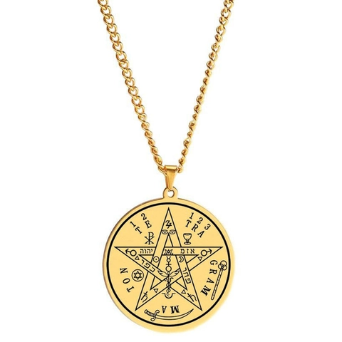 Stainless Steel Solomon Seal Pentagram Pendant Necklace Tetragrammaton Kabbalah Amulet Round Religious Jewelry For Men Women