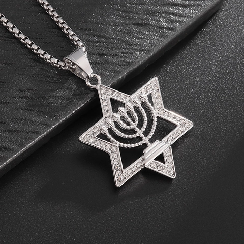 Hip Hop Roestvrij Staal Legering Davidsster Hanger Halsketting Voor Mannen Vrouwen Strass Ingelegd Menora Religieuze Sieraden Goud Zilver