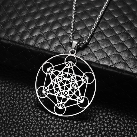 Collier Pendentif Géométrique Cube de Métatron en Acier Inoxydable Hommes Femmes Hexagramme Rond Ajouré Bijoux Géométrie Sacrée