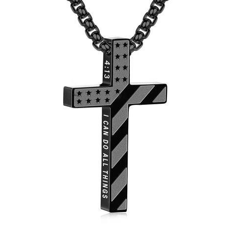 Stainless Steel Cross Pendant Necklace Engraved Bible Verse American Flag Rugby Football Sports Unisex Jewelry Gift