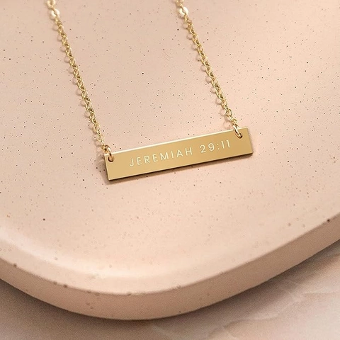 Stainless Steel Bar Pendant Necklace Engraved Bible Verses Inspirational Religious Jewelry For Women Daily Gold Plated Necklace
