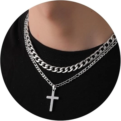 Stainless Steel Layered Cross Pendant Necklace For Men Hip Hop Double Curb Figaro Chain Silver Gold Black Religious Jewelry