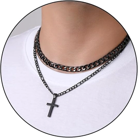 Stainless Steel Layered Cross Pendant Necklace For Men Hip Hop Double Curb Figaro Chain Silver Gold Black Religious Jewelry