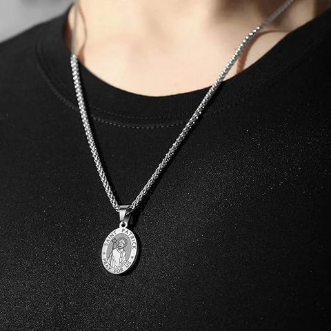 Collar Con Colgante De Medalla De San Patricio Acero Inoxidable Ovalado Religioso San Patrono Amuleto Joyería Para Hombre