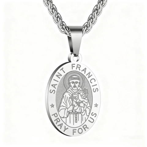 Stainless Steel Saint Francis Religious Oval Pendant Necklace Catholic Prayer Medal Jewelry For Men And Women Unisex Gift