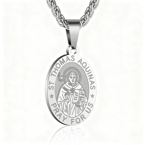 Roestvrijstalen St. Thomas van Aquino Ovalen Medaillon Hanger Halsketting Religieuze Beschermheilige Sieraden Tarweketting Mannen Vrouwen