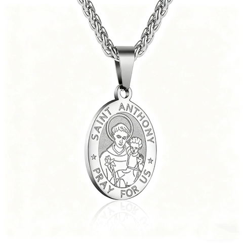 Collier Pendentif Saint Antoine en Acier Inoxydable Médaille Religieuse Catholique Charme Ovale Chaîne de Blé Bijoux