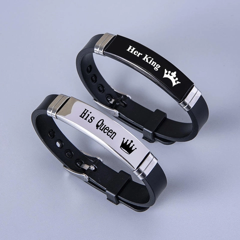 Romantisches Paar Silikon Edelstahl His Queen Her King ID Platte Verstellbar Sport Armband Für Liebhaber Geschenk