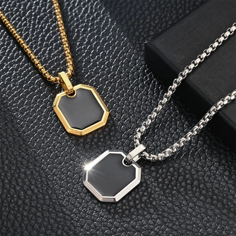 Heren Roestvrij Staal Geometrische Achtkant Hanger Ketting Minimalistisch Zwart Emaille Geometrische Schakelketting Sieraden Voor Dagelijks Gebruik