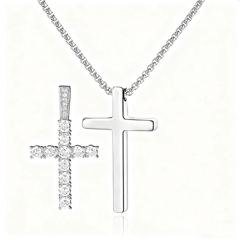 Stainless Steel Double Cross Pendant Necklace Iced Out Zirconia Polished Two Crosses Hip Hop Jewelry Men Women Box Chain