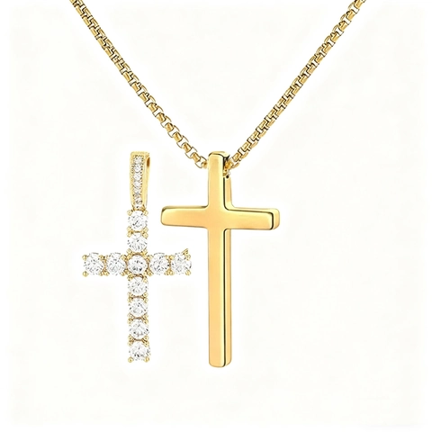 Stainless Steel Double Cross Pendant Necklace Iced Out Zirconia Polished Two Crosses Hip Hop Jewelry Men Women Box Chain