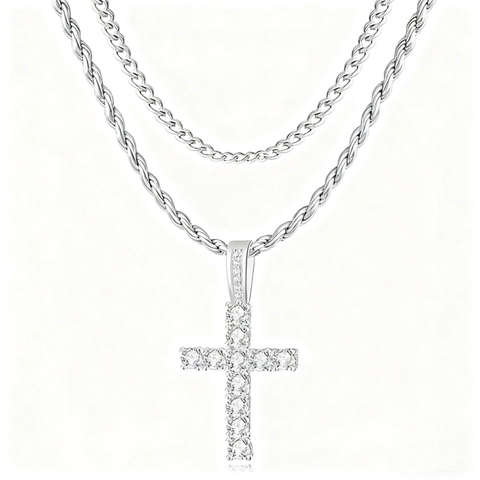 Collier Pendentif Croix Hip Hop Iced Out Chaîne Torsadée en Acier Inoxydable Alliage Strass Collier Superposé Homme Femme Tendance