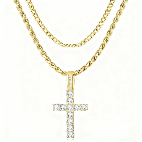 Collier Pendentif Croix Hip Hop Iced Out Chaîne Torsadée en Acier Inoxydable Alliage Strass Collier Superposé Homme Femme Tendance