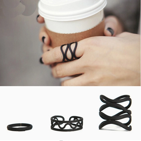 Matte Black Alloy Wave Knuckle Ring For Women Minimalist Hollow Out Multi Layer Finger Ring Accessory Fashionable Jewelry
