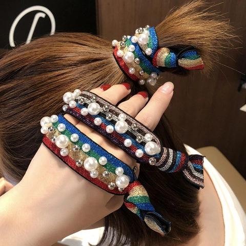 Women Rainbow Striped Leopard Plaid Hair Scrunchies With Artificial Pearl Metal Beads Elastic Bow Knot Hair Ties Accessories