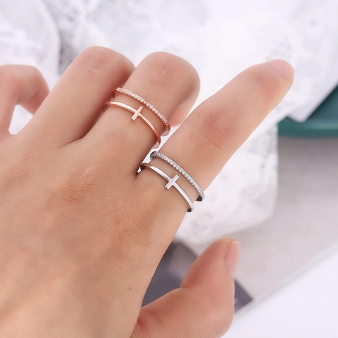 Women Minimalist Copper Rose Gold Silver Plated Double Layer Open Ring Cross Multi Layer Rhinestone Inlaid Fashion Jewelry Accessory