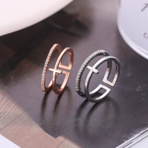 Women Minimalist Copper Rose Gold Silver Plated Double Layer Open Ring Cross Multi Layer Rhinestone Inlaid Fashion Jewelry Accessory