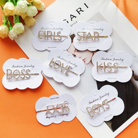 Strass Buchstaben Haarklammer Für Damen Gold Silber Legierung Alphabet STAR LOVE KISS BOSS BOYS GIRLS SEXY Haarnadel Haarschmuck