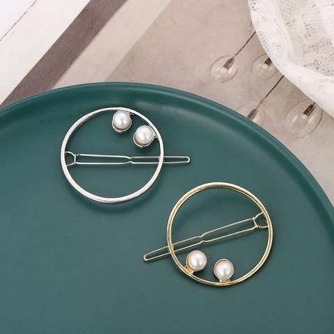 Fermaglio per Capelli in Lega Rotondo Geometrico Con Doppia Perla Artificiale Placcato Oro Argento Minimalismo Elegante Donna Accessori per Capelli