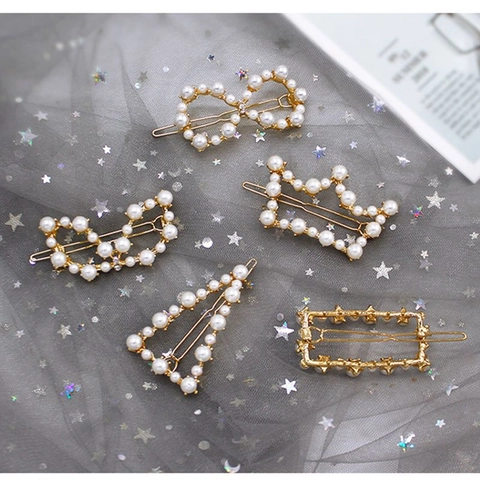 Elegant Korean Style Pearl Hair Clips Gold Alloy Geometric Heart Star Crown Hairpins For Women Girls Daily Party Jewelry