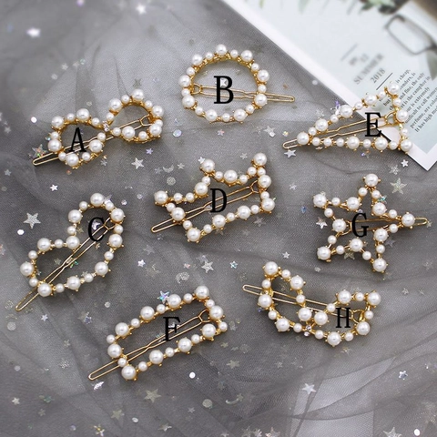 Elegant Korean Style Pearl Hair Clips Gold Alloy Geometric Heart Star Crown Hairpins For Women Girls Daily Party Jewelry