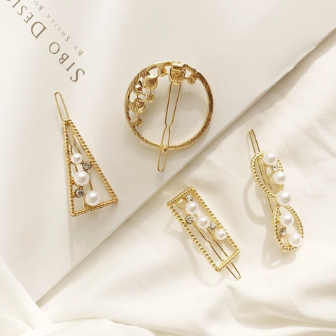 Pinza para el Cabello Elegante Francesa de Aleación Dorada con Perlas Artificiales y Diamantes de Imitación Geométrica para Mujer