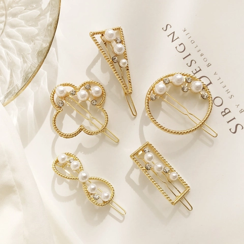 Pinza para el Cabello Elegante Francesa de Aleación Dorada con Perlas Artificiales y Diamantes de Imitación Geométrica para Mujer