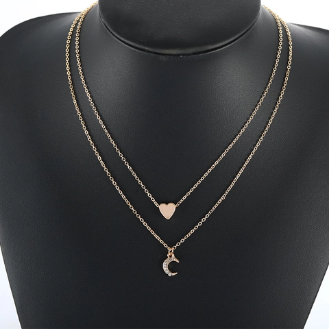 Collana a Doppio Strato in Lega Con Zirconia Cuore e Luna per Donna Elegante Catena a Più Strati Color Oro Gioielli da Donna