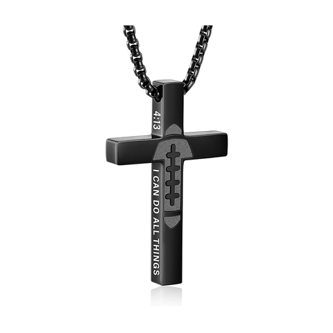 Stainless Steel Cross Pendant Necklace Engraved Bible Verse American Flag Rugby Football Sports Unisex Jewelry Gift