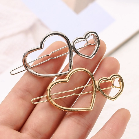 Fashion Double Heart Hollow Metal Hair Clip For Women Gold Silver Alloy Geometric Love Heart Side Clip Hair Accessories