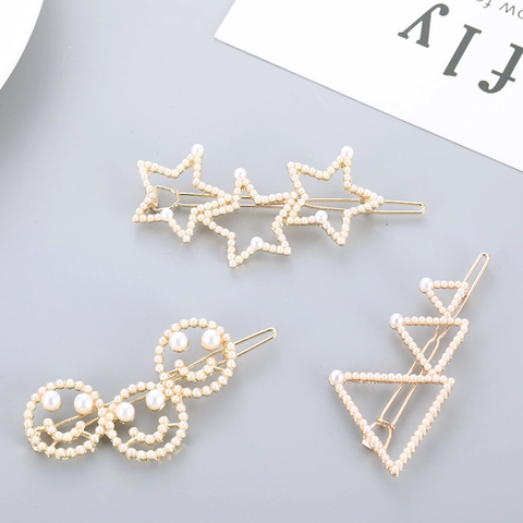 Pinzas para el Cabello de Aleación Coreanas Minimalistas con Perlas Artificiales Estrella Sonrisa Triángulo Horquillas Joyería Mujer
