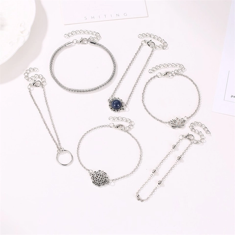 Set di Braccialetti Bohemian in Lega e Strass per Donna Argento Antico Loto Cavo Mandala Ciondolo Bracciale a Catena Gioielli