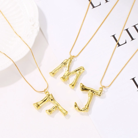 Vintage Gold Alloy Alphabet Letter Necklace For Women Bamboo Texture Capital Letters Pendant Snake Chain Clavicle Neck Chain Jewelry Gift