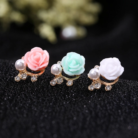 Orecchini a Bottone in Lega di Rosa in Stile Coreano Con Intarsi in Strass di Perle Artificiali Gioielli in Acciaio Inox da Donna