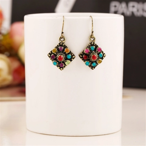 Vintage Böhmisch Legierung Bunte Strass Tropfen Haken Ohrringe Geometrische Hohle Rhombus Mehrfarbig Ethno Schmuck Damen