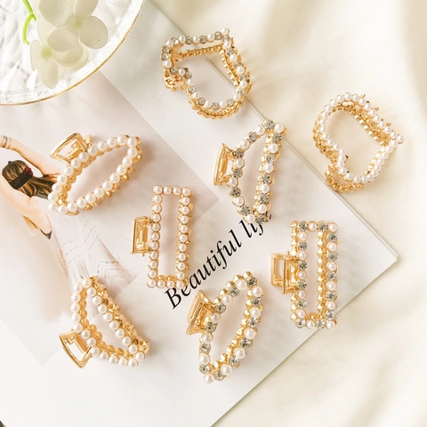 Elegant Alloy Hair Claw Clips With Artificial Pearl Rhinestone For Women Gold Heart Geometric Fashion Hair Accessories
