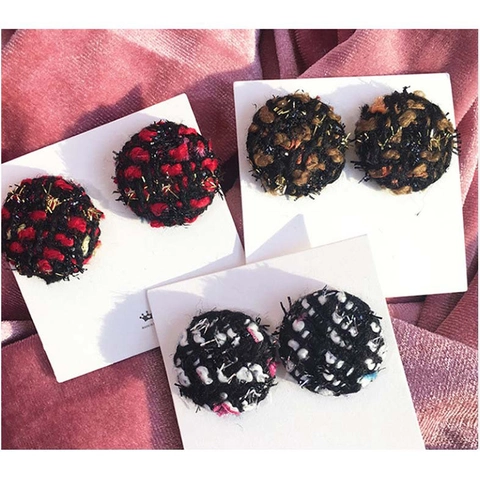 Retro Tweed Button Stud Earrings Round Plaid Fabric Elegant Korean Style Circular Earrings For Women Jewelry