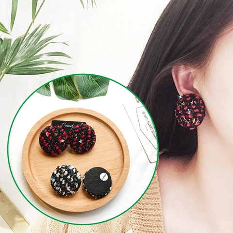 Retro Tweed Button Stud Earrings Round Plaid Fabric Elegant Korean Style Circular Earrings For Women Jewelry