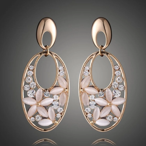 Elegante Legierung Hohle Ovale Blume Ohrstecker Für Damen Mit Katzenaugenstein Und Weißen Strasssteinen Goldton Schmuck Geschenk