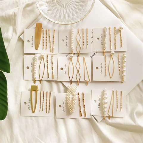Korean Style Alloy Artificial Pearl Hair Clips Gold Tone Geometric Hairpins Elegant Side Clips For Women Daily Hair Accessories