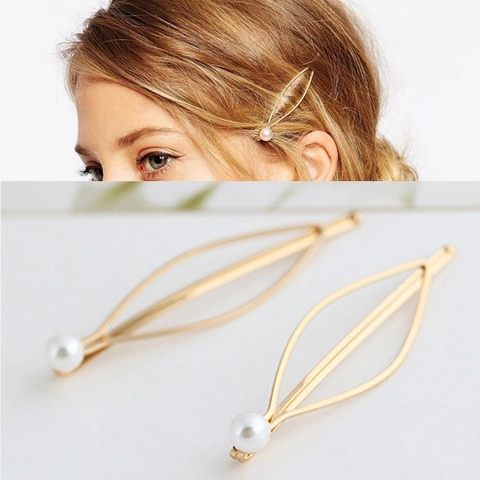 Minimalist European Style Gold Alloy Hair Clip With Artificial Pearl Elegant Hollow Geometric Leaf Side Clip For Women Hair Jewelry