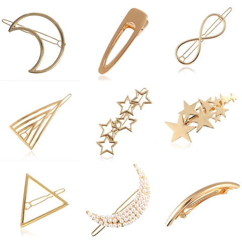 Collezione di Fermagli per Capelli in Lega Oro Argento Stile Coreano per Donna Moda Perla Artificiale Strass Geometrico Luna Stella Gioielli