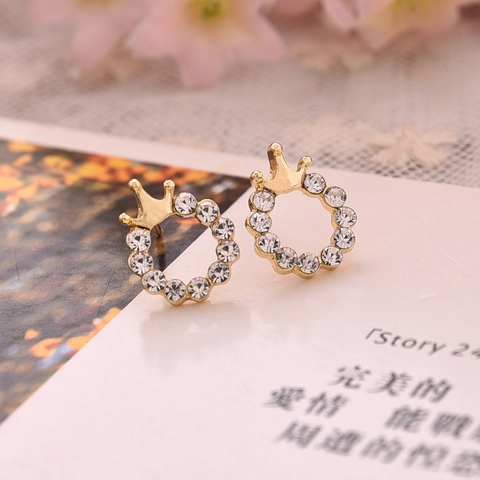 Orecchini a Bottone Minimalisti in Lega con Strass Corona e Cerchio per Donna Perno in Acciaio Inossidabile Oro Gioielli