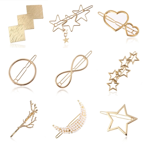 Set di 9 Mollette per Capelli in Metallo Minimalista da Donna Oro Argento Lega Forcina Geometrica Stella Luna Cuore Spazzolato Perla Artificiale Accessori