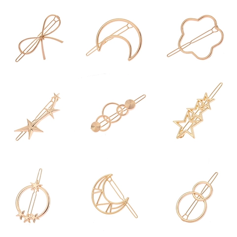 Pince à Cheveux Géométrique Creuse en Alliage Minimaliste Coréen pour Femmes Or Argent Lune Étoile Nœud Cœur Infini Forme Épingle à Cheveux Accessoire Mode